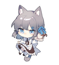  absurdres alternate_costume animal_ears blue_eyes blunt_bangs borrowed_character cat_ears cat_girl cat_tail chibi chinese_commentary closed_mouth collared_shirt commentary cup enmaided female full_body hair_ornament hair_ribbon hairclip highres holding holding_tray idass_(idass16) long_sleeves maid necktie nekomata original pocket ribbon shirt simple_background solo spilling tail teacup tray white_background white_legwear 