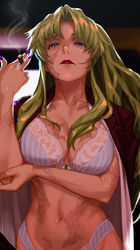  balalaika_(black_lagoon) black_lagoon blonde_hair blue_eyes bra breasts burn_scar cigar commentary female formal highres indoors large_breasts long_hair looking_at_viewer mature_female nail_polish navel open_clothes panties purple_nails red_lips red_suit ryohhe scar smoking solo standing suit underwear white_bra white_panties 