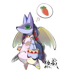  anubimon apron armlet bracelet carrot chinese_commentary digimon digimon_(creature) full_body green_eyes highres jewelry knife no_mouth pink_apron simple_background solo strap_slip thought_bubble white_background wings yellow_wings youzaiyouzai112 