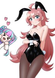  &gt;_&lt; 2girls :d ahoge animal_ears aqua_hair arm_behind_back arm_under_breasts bang_dream! bare_shoulders black_leotard blue_eyes blunt_bangs blush brown_pantyhose chibi chibi_inset closed_eyes closed_mouth collarbone commentary covered_navel fake_animal_ears fake_tail flat_chest furrowed_brow hair_between_eyes hair_bobbles hair_ornament hands_on_own_cheeks hands_on_own_face hands_up heart highres jiwon_(sj1) leotard long_hair long_sleeves multicolored_hair multiple_girls nyubara_reona open_clothes open_mouth open_shirt oversized_breast_cup pantyhose pink_hair playboy_bunny purple_shirt rabbit_ears rabbit_tail shirt simple_background smile standing strapless strapless_leotard tail tamade_chiyu teeth thigh_gap twintails two-tone_hair upper_teeth_only very_long_hair wavy_mouth white_background white_shirt wrist_cuffs 