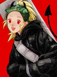  :d black_hoodie blonde_hair case demon_horns demon_tail dorohedoro female goggles goggles_on_head hands_in_pocket highres hood hood_down hoodie horns looking_at_viewer nikaidou_(dorohedoro) ponytail red_background red_eyes simple_background smile solo tail tsunko_(9v2_q) wide-eyed 