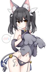  absurdres animal_ear_fluff animal_ears animal_hands bare_shoulders bell black_hair blue_ribbon blush breasts brown_eyes cat_ears cat_tail closed_mouth commentary_request detached_collar fate/kaleid_liner_prisma_illya fate_(series) feather_hair_ornament feathers female garter_straps gloves grey_panties grey_vest hair_ornament hairclip highres jingle_bell jy_kjy0929 korean_commentary long_hair looking_at_viewer miyu_edelfelt miyu_edelfelt_(beast_style) navel panties paw_gloves ribbon simple_background small_breasts spoken_blush spoken_sweatdrop sweatdrop tail thighs twintails underwear vest white_background 