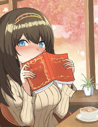  beige_sweater blue_eyes blush book brown_hair commentary_request covering_own_mouth cup female flanker hairband highres holding holding_book idolmaster idolmaster_cinderella_girls long_hair long_sleeves ribbed_sweater sagisawa_fumika smile solo sweater teacup 