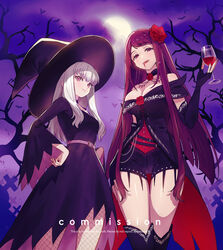  2girls alternate_costume black_choker black_gloves breasts choker cleavage commission cup drinking_glass fingerless_gloves fire_emblem fire_emblem:_three_houses fire_emblem_engage fire_emblem_heroes fishnet_pantyhose fishnets flower gloves hair_flower hair_ornament halloween halloween_costume hand_on_own_hip hat highres holding holding_cup ivy_(fire_emblem) large_breasts long_hair looking_at_viewer lysithea_von_ordelia moon multiple_girls oerba_yun_fang pantyhose purple_eyes purple_hair small_breasts smile sumustard thighhighs vampire white_hair wine_glass witch witch_hat 