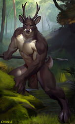  2022 5_fingers abs adobe_photoshop_(artwork) anthro antlers areola arm_support bedroom_eyes biceps big_muscles biped black_hooves blue_eyes bottomwear broad_shoulders brown_antlers brown_body brown_bottomwear brown_clothing brown_ears brown_eyebrows brown_fur brown_hooves brown_horn brown_loincloth brown_nose brown_tail chunie clothed clothing cloven_hooves countershade_arms countershade_ears countershade_face countershade_fur countershade_legs countershade_neck countershade_tail countershade_torso countershading dark_areola dark_body dark_ears dark_fur dark_hooves dark_nipples dark_nose day deer deltoids detailed_background digital_media_(artwork) digital_painting_(artwork) eyebrows fighting_pose fingers forest forest_background full-length_portrait fur grass grin half-closed_eyes head_tuft hi_res holding_melee_weapon holding_object holding_polearm holding_spear holding_weapon hooves horn humanoid_hands light light_body light_fur light_inner_ear lighting loincloth loincloth_only looking_at_viewer looking_forward male male_anthro mammal melee_weapon monotone_antlers monotone_horn moss multicolored_body multicolored_fur muscular muscular_anthro muscular_male narrowed_eyes nature nature_background naughty_face neck_tuft nipples outside pecs pink_nipples plant polearm portrait pose quads rock scut_tail seductive shaded short_tail signature smile smiling_at_viewer solo spear standing tail tan_body tan_countershading tan_fur tan_inner_ear tan_tail teeth thaldrin three-quarter_view topless trapezius tree tribal triceps tuft two_tone_body two_tone_fur two_tone_tail unguligrade unguligrade_anthro weapon 