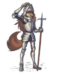  2022 anthro apogee_(tinygaypirate) armor besagew bevor black_nose breastplate brown_body brown_eyes brown_fur brown_hair canid canine canis chainmail cheek_tuft chin_strap clothed clothing couter cuirass cuisse domestic_dog facial_piercing facial_tuft faulds female full-length_portrait full_armor fully_clothed fur furgonomics furry-specific_piercing gauntlets gloves gorget hair hammer hand_above_head hand_on_headwear handwear headgear helmet hi_res holding_object holding_weapon long_hair looking_aside mammal melee_weapon muzzle_piercing nose_piercing piercing plantigrade plate_armor polearm poleyn portrait raised_arm rerebrace sabatons schynbalds simple_background solo spaulder spitz standing tinygaypirate tools tuft vambrace visor warhammer weapon white_background 