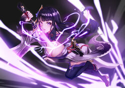  absurdres arm_up armor braid breasts bridal_gauntlets cleavage commentary drawing_sword electricity female fingernails flower frown full_body genshin_impact glowing glowing_sword glowing_weapon hair_flower hair_ornament hair_tie high_heels highres holding holding_sword holding_weapon human_scabbard inzotic japanese_clothes jumping kimono leg_up lightning_background long_hair low-braided_long_hair low-tied_long_hair medium_breasts mitsudomoe_(shape) mole mole_under_eye musou_isshin_(genshin_impact) obi obiage obijime open_mouth purple_background purple_eyes purple_flower purple_hair purple_kimono purple_nails purple_thighhighs raiden_shogun sandals sash short_kimono shoulder_armor shrug_(clothing) solo sword tassel thighhighs tomoe_(symbol) very_long_hair weapon wide_sleeves 