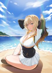  arms_up beach black_hair black_jacket blonde_hair blue_eyes blue_sky breasts cleavage closers cloud female from_side full_body gradient_hair hands_in_hair harpy_(closers) highres indian_style island jacket large_breasts leg_ribbon lens_flare long_hair long_sleeves looking_at_viewer looking_to_the_side miniskirt multicolored_clothes multicolored_hair multicolored_jacket ocean official_art outdoors pleated_skirt ribbon sand sandals sidelocks sitting skirt sky smile solo two-tone_jacket v-shaped_eyebrows white_footwear white_jacket white_ribbon white_skirt 