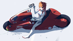  akira_(manga) blue_eyes bodysuit breasts canon_(company) closed_mouth commentary covered_navel crossover evangelion:_3.0+1.0_thrice_upon_a_time female full_body goggles hair_ornament highres holding holding_goggles interface_headset kaneda_shoutarou&#039;s_bike long_hair looking_at_viewer medium_breasts motor_vehicle motorcycle neon_genesis_evangelion orange_hair pilot_suit plugsuit rebuild_of_evangelion sachiel_(evangelion) science_fiction sitting smile solo souryuu_asuka_langley unworn_goggles yakisobaosu 