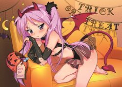  alternate_costume barefoot black_gloves blush breasts candy couch crescent elbow_gloves fake_horns female food gloves halloween halloween_bucket halloween_costume heart hiiragi_kagami holding horns ichimi_renge long_hair lucky_star parted_lips pink_hair purple_eyes second-party_source see-through small_breasts solo spikes tail twintails wings 