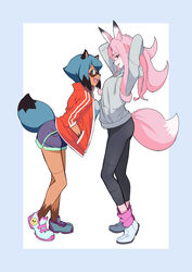  2girls animal_ears arms_behind_head arms_up black_legwear blue_eyes blue_hair blue_shorts body_fur brand_new_animal breasts dolphin_shorts fox_ears fox_girl fox_tail from_side full_body furry furry_female grey_shirt hands_in_pockets highres hiwatashi_nazuna hood hoodie jacket kagemori_michiru leaning_forward leggings legs long_hair multiple_girls open_mouth pink_hair raccoon_ears raccoon_girl raccoon_tail red_eyes red_jacket rumo shirt shoes short_hair short_shorts shorts simple_background smile sneakers tail track_jacket white_background white_footwear white_shirt 