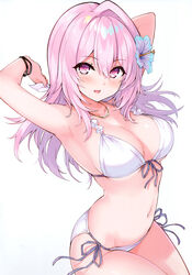  absurdres armpits arms_behind_head arms_up bikini bracelet breasts cleavage cu-no female flower hair_flower hair_ornament hibiscus highres hisen_kaede jewelry long_hair looking_at_viewer medium_breasts navel necklace open_mouth pink_hair purple_eyes scan side-tie_bikini_bottom smile solo stomach swimsuit white_bikini yayoi_sakura 