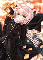  absurdres ahoge animal_ear_fluff animal_ears arm_up black_coat_(kingdom_hearts) black_gloves black_hoodie blurry blurry_background blush braid breasts commentary_request cosplay earrings female food food_in_mouth fox_ears fox_girl gloves green_eyes hair_between_eyes highres holding holding_sword holding_weapon hololive hood hoodie jewelry keyblade kingdom_hearts kingdom_key light_particles long_sleeves looking_at_viewer medium_breasts organization_xiii popsicle roxas roxas_(cosplay) shirakami_fubuki sidelocks single_braid solo soma443 sword virtual_youtuber weapon white_hair xion_(kingdom_hearts) xion_(kingdom_hearts)_(cosplay) 