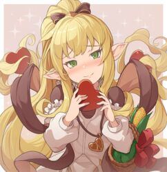  basket blonde_hair blush bow candy chocolate commentary_request corn female food granblue_fantasy green_eyes harvin heart heart-shaped_chocolate hinami_(hinatamizu) jewelry long_hair melissabelle pendant pointy_ears ponytail shawl smile solo sparkle_background valentine very_long_hair 