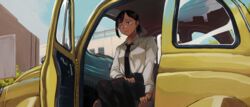  absurdres black_eyes black_hair breasts business_suit car chainsaw_man collared_shirt female formal gnrtnmart hair_ornament hairclip higashiyama_kobeni highres kobeni&#039;s_car_(chainsaw_man) long_sleeves medium_hair mole mole_on_cheek mole_under_eye mole_under_mouth motor_vehicle multiple_moles necktie nervous shirt short_ponytail sitting solo suit white_shirt yellow_car 