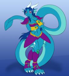  2019 after_transformation anthro aquatic_dragon armor blue_body blue_hair blush digitigrade dragon feet female hair hi_res long_tail looking_down marine membrane_(anatomy) mythological_creature mythological_scalie mythology navel oter pauldron purple_eyes scalie simple_background solo standing tail toes unconvincing_armor webbed_feet webbed_hands 