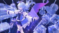  blue_hair bow chair closed_eyes commentary crown drum drum_set english_commentary female gloves guitar hair_ornament hairbow hololive hoshimachi_suisei hoshimachi_suisei_(stellar_into_the_galaxy) idol_clothes instrument jewelry juliet_sleeves leg_belt long_hair long_sleeves mini_crown mixed-language_commentary necklace official_alternate_costume official_alternate_hair_length official_alternate_hairstyle parted_lips piano puffy_sleeves purple_theme shorts single_glove sky solo star_(sky) star_(symbol) star_hair_ornament starry_sky starry_sky_print virtual_youtuber waistcoat whitem_(whiteemperor2020) 