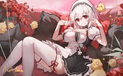  absurdres animal apron azur_lane bird black_dress breasts chick closed_mouth copyright_name dress female flower frilled_dress frilled_sleeves frills hair_between_eyes highres looking_at_viewer manjuu_(azur_lane) puffy_short_sleeves puffy_sleeves red_eyes red_flower red_rose rose sentter short_hair short_sleeves sirius_(azur_lane) solo thighhighs white_apron white_hair white_thighhighs 