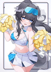  absurdres animal_ears black_hair blue-tinted_eyewear blue_archive blue_eyes blush border breasts cheerleader cleavage collarbone commentary criss-cross_halter crop_top crystalherb dog_girl dog_tail eyewear_on_head female goggles goggles_on_head halo halter_shirt halterneck hibiki_(blue_archive) hibiki_(cheer_squad)_(blue_archive) high_ponytail highres holding holding_pom_poms long_hair medium_breasts midriff millennium_cheerleader_outfit_(blue_archive) miniskirt navel official_alternate_costume open_mouth pleated_skirt pom_pom_(cheerleading) revision shadow sidelocks skirt solo standing star_sticker sticker_on_face stomach symbol-only_commentary tail tank_top tinted_eyewear white_skirt 