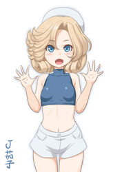  blonde_hair blue_eyes blue_shirt breasts commentary_request cowboy_shot crop_top female halterneck hat highres janus_(kancolle) kantai_collection looking_at_viewer midriff navel sailor_hat shirt short_hair simple_background small_breasts solo t2r translated white_background white_hat white_shirt 