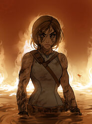  backlighting belt belt_pouch blue_tank_top brown_gloves brown_hair commentary cuts dirty dirty_face english_commentary explosion female fire gloves glowing glowing_eyes injury jewelry lara_croft long_hair messy_hair necklace partially_submerged pink_lips pouch red_eyes serious slender_waist solo strap tank_top tomb_raider tomb_raider_(reboot) vashperado 