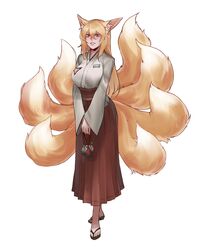  absurdres animal_ear_fluff animal_ears bag blonde_hair commentary commission english_commentary female fox_ears fox_girl fox_tail full_body hair_between_eyes high-waist_skirt highres kitsune less long_hair long_sleeves looking_at_viewer multiple_tails orange_eyes original parted_lips pleated_skirt red_skirt sandals shirt simple_background skirt solo standing tail v_arms white_background white_shirt wide_sleeves 