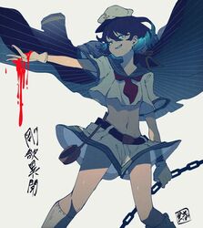  bad_id bad_twitter_id belt black_hair blue_cape blue_eyes cape chains coat coat_on_shoulders female gloves glowing glowing_eyes glowing_hair grin hat highres hishaku midriff murasa_minamitsu outstretched_arm sailor sailor_collar sailor_hat short_hair short_sleeves shorts simple_background smile socks sokura_(mochichitose) solo sunken_fossil_world touhou white_background white_gloves white_shorts white_socks 