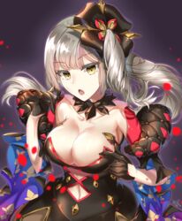  absurdres acuma bare_shoulders black_dress black_gloves breasts cleavage collarbone dark_persona dress fate/grand_order fate_(series) female gloves grey_hair hair_ornament half_gloves highres long_hair looking_at_viewer marie_antoinette_(alter)_(fate) marie_antoinette_(alter)_(third_ascension)_(fate) marie_antoinette_(fate) open_mouth pale_skin petals side_ponytail very_long_hair yellow_eyes 