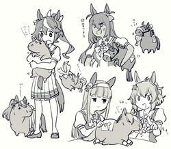  4girls air_groove_(umamusume) anger_vein animal_ears animalization bouquet carrying chicken_(food) chicken_leg commentary_request dark-skinned_female dark_skin eating food greyscale highres hishi_amazon_(umamusume) horse horse_ears horse_girl horse_tail hug monochrome multiple_girls narita_brian_(umamusume) partially_translated pony_(animal) ribbon running school_uniform shoes silence_suzuka_(umamusume) sound_effects sweat taiki_shuttle_(umamusume) tail takatsuki_nato tokai_teio_(umamusume) tongue tongue_out tracen_school_uniform translation_request umamusume 