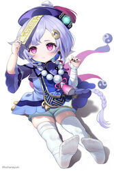  bangs bead_necklace beads blush braid dress female genshin_impact hair_ornament hat jewelry jiangshi kohanayuki long_hair long_sleeves necklace no_shoes ofuda purple_eyes purple_hair purple_headwear qing_guanmao qiqi_(genshin_impact) sitting skindentation soles solo thighhighs white_legwear 