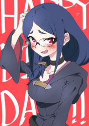  bespectacled black_choker blue_hair blush breasts choker collarbone commentary_request enoki-kou female glasses hair_tubes happy_birthday little_witch_academia long_hair looking_at_viewer medium_breasts open_mouth red_background red_eyes robe simple_background smile solo sweatdrop text_background upper_body ursula_charistes wide_sleeves 