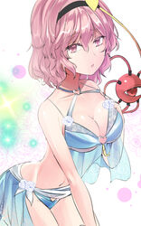  bare_arms bare_shoulders bikini black_hairband breasts cleavage commentary_request cowboy_shot female hair_between_eyes hair_ornament hairband highres komeiji_satori large_breasts looking_at_viewer navel one-hour_drawing_challenge parted_lips pink_bikini pink_eyes pink_hair short_hair solo stomach swimsuit third_eye touhou white_background y2 