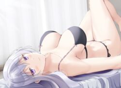  bad_id bad_pixiv_id black_bra black_panties blush bra breasts cleavage curtains elise_k._bradwell_(narrator-1) female from_side grey_hair highres keenh knees_up large_breasts light_smile long_hair looking_at_viewer lying on_back original panties purple_eyes solo thighs underwear underwear_only 