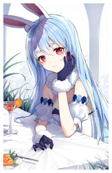  absurdres alternate_hairstyle animal_ear_fluff animal_ears bare_shoulders black_gloves blue_hair blush border breasts cleavage closed_mouth commentary cup detached_sleeves don-chan_(usada_pekora) drink drinking_glass drinking_straw female fork fur-trimmed_gloves fur_collar fur_trim gloves hand_on_own_cheek hand_on_own_face highres hololive long_hair looking_at_viewer plate puffy_short_sleeves puffy_sleeves purple_eyes rabbit_ears rabbit_girl short_sleeves small_breasts smile snozaki solo straight_hair strapless table tablecloth thick_eyebrows upper_body usada_pekora usada_pekora_(1st_costume) very_long_hair virtual_youtuber white_border 