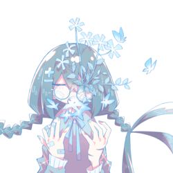  alternate_body_fluid bandaid braid bug butterfly female glasses hair_between_eyes highres leaf long_hair matabeku original plant ribbon surreal twin_braids 