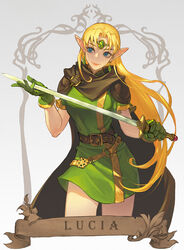  belt blue_eyes breasts brooch cape character_name circlet commentary dungeons_&amp;_dragons dungeons_&amp;_dragons:_shadow_over_mystara earrings elf english_commentary female forehead_jewel gloves green_gloves green_tunic highres holding holding_sword holding_weapon jewelry long_hair long_pointy_ears lucia_(d&amp;d) medium_breasts morry multiple_belts pointy_ears short_hair solo sword weapon 