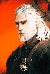  1boy beard facial_hair geralt_of_rivia highres jun_(navigavi) long_hair male_focus manly scar scar_across_eye scar_on_face the_witcher_(series) the_witcher_3 white_hair witcher_medallion yellow_eyes 