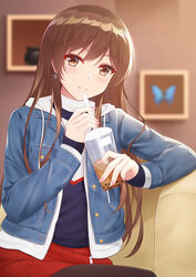  arm_rest blue_jacket blue_shirt blush brown_eyes brown_hair bubble_tea bug butterfly buttons closed_mouth couch crossed_legs cup denim denim_jacket earrings female fingernails food hair_between_eyes highres holding holding_food hood hooded_jacket hoodie_tug indoors jacket jewelry kanojo_okarishimasu long_hair long_sleeves looking_at_viewer mizuhara_chizuru multicolored_clothes nail_polish pantyhose pocket red_skirt rko_(a470350510) shirt sidelocks sitting skirt smile solo star_(symbol) star_earrings upper_body white_hood zipper zipper_pull_tab 