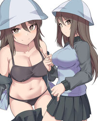  bare_shoulders black_bra black_panties black_skirt blue_headwear blue_jacket blush bra breasts brown_eyes brown_hair cleavage collarbone covered_nipples female girls_und_panzer jacket keizoku_military_uniform large_breasts long_hair long_sleeves looking_at_viewer mika_(girls_und_panzer) multiple_views navel off_shoulder open_clothes open_jacket panties pleated_skirt shiseki_hirame skirt smile thighs tulip_hat underwear 