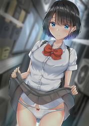  alley ass_visible_through_thighs backpack bad_id bad_pixiv_id bag black_hair black_skirt blue_eyes blurry blurry_background blush bow bow_panties bowtie bra bra_peek button_gap clothes_lift collarbone collared_shirt commentary_request dutch_angle female hair_ornament hairclip highres lifting_own_clothes looking_at_viewer original panties pleated_skirt red_bow red_bowtie school_uniform shirt skirt skirt_lift solo standing sunsun2812 thighs underwear uniform white_panties white_shirt 