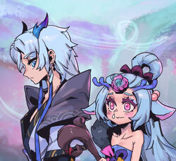  1boy antlers bare_shoulders blue_eyes blush clothing_request cold collarbone female flower from_side grey_hair hair_flower hair_ornament holding holding_staff horns league_of_legends lillia_(league_of_legends) long_hair phantom_ix_row pink_eyes pink_flower single_bare_shoulder snot spirit_blossom_lillia spirit_blossom_yone staff strapless wavy_mouth yone_(league_of_legends) 