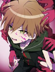  1boy ahoge black_jacket black_nails black_pants blood blood_on_face brown_eyes brown_hair celestia_ludenberg collarbone commentary_request danganronpa:_trigger_happy_havoc danganronpa_(series) enoshima_junko gloves green_hoodie grey_background hair_between_eyes highres hood hooded_jacket hoodie ikusaba_mukuro jacket jewelry long_hair long_sleeves lower_teeth_only maizono_sayaka male_focus naegi_makoto nekoma_hikaru ogami_sakura open_mouth pants pink_blood red_gloves red_nails ring short_hair simple_background tearing_up teeth yamada_hifumi zipper 