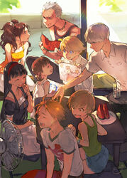  4boys 4girls amagi_yukiko black_hair blonde_hair blunt_bangs brown_eyes brown_hair closed_eyes commentary dated_commentary doujima_nanako drawing eating electric_fan food fruit glass grey_hair hairband hanamura_yousuke highres jewelry kujikawa_rise kuma_(persona_4) long_hair multiple_boys multiple_girls narukami_yuu necklace painttool_sai_(medium) persona persona_4 photoshop_(medium) saeuchobab satonaka_chie scar short_hair smile summer sweat tatsumi_kanji tray twintails water watermelon 