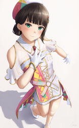  amazing_travel_dna bad_id bad_pixiv_id bare_legs bare_shoulders blunt_bangs blush brown_hair closed_mouth clothing_cutout dress female foreshortening from_above gloves green_eyes hair_bun hair_ornament hand_on_own_chest hat highres kurosawa_dia long_hair looking_at_viewer looking_up love_live! love_live!_sunshine!! mole mole_under_mouth multicolored_clothes multicolored_dress multicolored_hat papi_(papiron100) shadow short_sleeves shoulder_cutout simple_background single_hair_bun smile solo walking white_background white_footwear white_gloves 