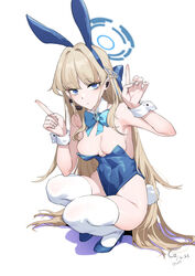  absurdres animal_ears blonde_hair blue_archive blue_eyes blue_halo blue_leotard bow bowtie breasts chen_zi detached_collar fake_animal_ears female full_body halo high_heels highleg highleg_leotard highres leotard long_hair looking_at_viewer medium_breasts official_alternate_costume playboy_bunny rabbit_ears skindentation solo squatting strapless strapless_leotard thighhighs toki_(blue_archive) toki_(bunny)_(blue_archive) very_long_hair white_thighhighs wrist_cuffs 