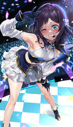  ;) aiba_uiha aiba_uiha_(1st_costume) ankle_boots arm_up armpits black_footwear black_gloves black_hair blue_eyes blurry blurry_background blush boots bow braid braided_bangs checkered_floor commentary_request confetti crop_top crowd detached_sleeves female gloves glowstick grin hairbow hand_on_own_thigh highres idol idol_clothes indoors layered_skirt leaning_forward legs_apart long_hair looking_at_viewer microphone midriff mole mole_under_eye nijisanji one_eye_closed pendant_choker puffy_sleeves sanuki_(kyoudashya) skirt smile solo_focus stadium standing sweat thigh_strap virtual_youtuber white_bow white_skirt 