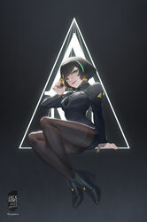  absurdres allmind_(armored_core_6) armored_core armored_core_6 artist_name backlighting black_background black_hair black_necktie bob_cut brown_pantyhose character_logo dated earrings evil_smile female green_eyes grey_shirt high_heels highres jack_arms jewelry legs looking_at_viewer necktie office_lady pantyhose personification shirt short_hair smile solo thighband_pantyhose triangle_earrings upskirt 