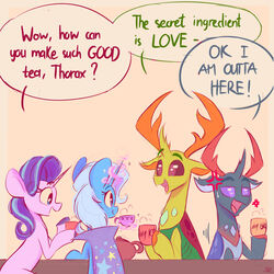  1:1 arthropod changeling container cross-popping_vein cup dialogue english_text equid equine female friendship_is_magic group hasbro hi_res horn male mammal my_little_pony mythological_creature mythological_equine mythology pharynx_(mlp) reformed_changeling scribble-potato speech_bubble starlight_glimmer_(mlp) teapot text thorax_(mlp) trixie_(mlp) unicorn 