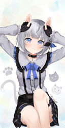  :t absurdres belt black_choker black_gloves black_shirt blue_bow blue_bowtie blue_eyes blunt_bangs blush bow bowtie cat_tail choker choppy_bangs commentary embarrassed english_commentary fake_tail female fingerless_gloves frilled_shirt_collar frilled_sleeves frills gloves grey_hair grey_shirt hands_up highres hololive hololive_indonesia jirai_kei long_sleeves looking_at_viewer miniskirt official_alternate_costume official_alternate_hair_length official_alternate_hairstyle pleated_skirt pout rabbit_pose shirt short_hair skirt solo suspenders tail twitter_username vestia_zeta vestia_zeta_(jirai_kei) virtual_youtuber zinkaa 