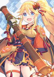  :d arm_guards armor ass_visible_through_thighs bad_id bad_pixiv_id black_gloves blonde_hair blue_eyes breastplate cape cowboy_shot elbow_gloves female fingerless_gloves gloves highres holding holding_weapon jack-o&#039;-lantern_ornament japanese_clothes kouhaku_nawa long_hair looking_at_viewer miron ninon_(halloween)_(princess_connect!) ninon_(princess_connect!) open_mouth pleated_skirt princess_connect! rope shimenawa side_ponytail skirt smile solo tassel thigh_strap very_long_hair weapon wide-eyed wide_sleeves 